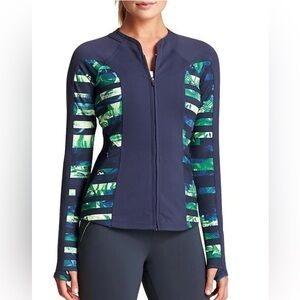 Athleta Full Tilt Track Jacket Navy Blue Green Palm Print Mesh Back 243001 Small